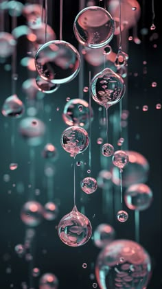 many bubbles floating in the air with water droplets