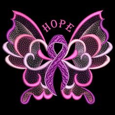 a pink ribbon with the word hope on it and an intricate design in the shape of a butterfly