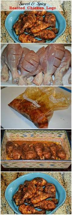 the process of making chicken wings for dinner is shown in three different stages, including cutting and prepping