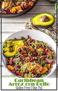 an image of a plate of food with avocado and other foods in the background