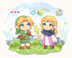 the legend of zelda and princess zelda talking to each other in front of a sky background