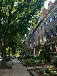 the sidewalk is lined with trees and plants in front of apartment buildings on both sides