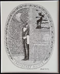 a drawing of a man standing in front of a table with a deer on it