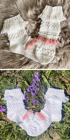 two pictures of baby knitted clothes on the ground and one has flowers in it