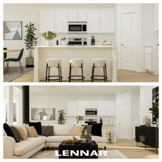 two pictures of the same living room and kitchen in different rooms, one with white furniture