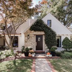 a house that has some plants in front of it and two pumpkins on the ground