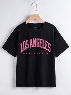 Black Casual Collar Short Sleeve Fabric Letter  Embellished Slight Stretch Summer Women Clothing Fabric Letters, Comfy Tops, Sports Tees, Women T Shirts, Graphic Tees Women, Cute Tops, Casual T Shirts, Drop Shoulder, Workout Clothes