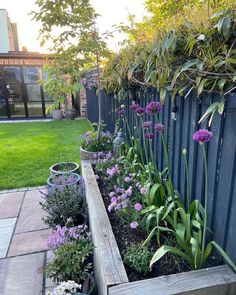 a wooden planter filled with lots of purple flowers