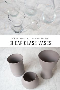 three vases sitting on top of a table next to each other with text overlay that reads easy way to transform cheap glass vases