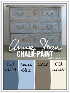 an old dresser painted in blue and white with the words annie sloan chalk paint on it