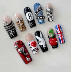 Cool Nails Y2k, Cool Gel X Nails, Hershey Nail Designs, Peter Griffin Nails, Fun Nail Art Creative, Colorful Y2k Nails, Nail Inspo 2000s, Nail Inspiration Y2k, Traditional Tattoo Nails