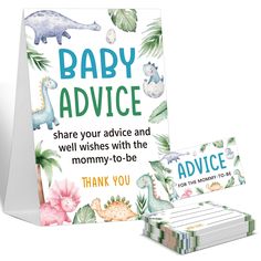 a baby advice card and thank you notecard set with matching envelopes, featuring an illustration of dinosaurs