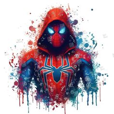 a spider man with blue eyes and a red hoodie is painted in watercolor