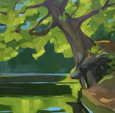 an oil painting of a tree by the water