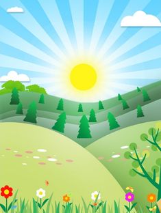 the sun shines brightly in the sky over a green field with flowers and trees