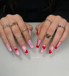 Long Coffin Nails, Hippie Nails, Nail Designs Valentines, French Acrylic Nails, Coffin Nails Long, Pink Acrylic Nails, St Valentin, Heart Nails