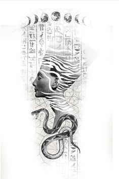 a woman's face with an egyptian head and snake tattoo design on her arm