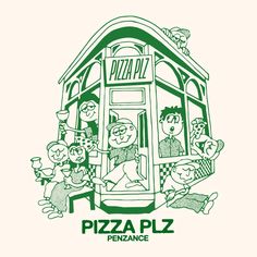 a green and white drawing of people in front of a train car with the word pizza plz on it