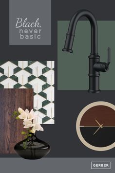 a black kitchen faucet with white flowers in it and green tile wallpaper