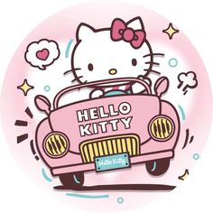 a hello kitty car with a bow on it's head and the words hello kitty written