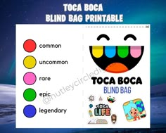 the toca boca bind bag printable is shown with different colors and shapes