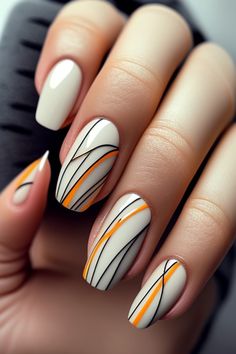 Are you in search of some modern and chic nail manicure designs to enhance your look? Then you've come to the right place. In this pin, I'll display 10 awesome nail design ideas that are straightforward to do and fitting for any occasion. Whether you want to go for a timeless, graceful, or innovative style, you'll find something that matches your character and mood. #naildesign #nails #manicure Line Work Nail Art, Geometric Nail Designs, Gell Nails, Neon Orange Nails, Fancy Nail Art, Manicure Designs, Nails Arts, Geometric Nail, Nail Polish Art