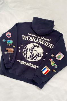 (Patches not included)   christmas gift idea holiday gift idea christmas wishlist heavyweight hoodie  Ready for your next adventure? Our 'Let's Go on an Adventure! Worldwide' hoodie is the perfect hoodie for travelling. With its soft, cozy fabric and ideal thickness, it’s designed to keep you comfortable during long hours at the airport. Whether you're off to explore new places or just relaxing between flights, this hoodie has you covered. Don’t leave the country without it—your next adventure awaits!.  Our hoodies are made with the softest and high-quality materials, featuring our original world design with puff print on the back and our embroidered logo in the front and embroidered text on the sleeve. Aesthetic Hoodies, Embroidered Text, Heavyweight Hoodie, Matching Hoodies, World Design, Aesthetic Hoodie, Cozy Fabric, Puff Print, At The Airport