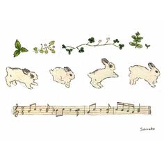 four rabbits playing music on a musical instrument