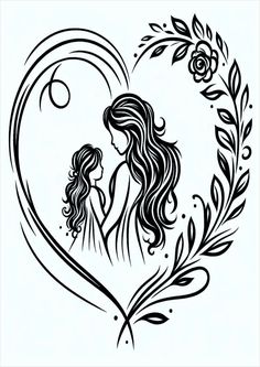 a mother and child in a heart shaped frame with flowers on the side, black and white