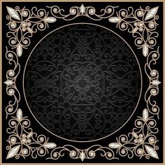 an ornate black and gold background with swirls, leaves and scrolls in the center