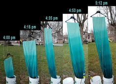 three pictures showing the different stages of hanging curtains in an open field with trees and grass behind them