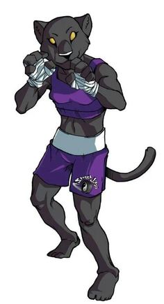 a black cat with yellow eyes and purple shorts