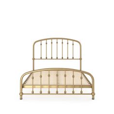 a metal bed frame with gold colored headboard and foot board on an isolated white background