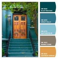 the front door is painted blue and brown