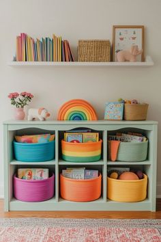 a shelf filled with lots of different colored bowls and baskets next to a wall mounted bookshelf