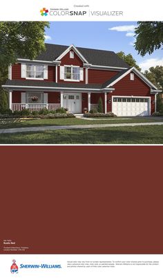 a red house with white trim and two garages on the front, and an image of