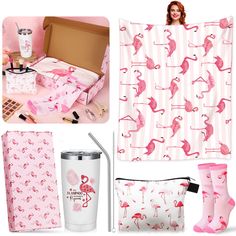 the pink flamingo gift set is ready to be bought for someone's special occasion