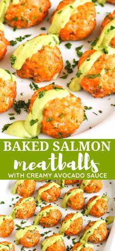 baked salmon meatballs with creamy avocado sauce on a white platter and green garnish