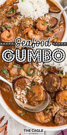 seafood gumbo with shrimp and rice in a white bowl on top of a table