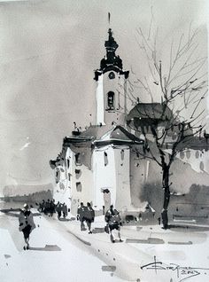 watercolor painting of people walking in front of a white building with a clock tower