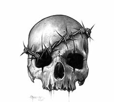 a black and white drawing of a skull with barbed wire on it's head