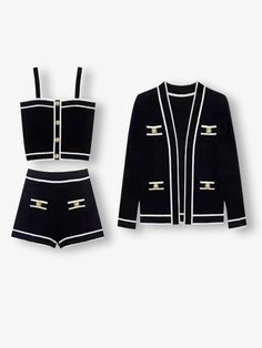 Gstaad three piece set Knit Set Outfit, Female Packing List, Latest Designer Dresses, Winter Park Florida, Collar Vest, Elegant Clothing, Elastic Shorts, Jacket Cardigan, Three Piece Suit