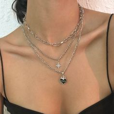 Heart Charm Layered Necklace Ships Out In 5- 8 Days Grunge Necklace, Heart Type, Flaming Heart, Look Grunge, Leather Pearl Necklace, Necklace Combo, Clear Crystal Earrings, Heart Rhinestone