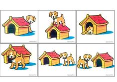 four pictures of dogs in their kennels and one has a dog house on the roof