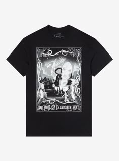 Get ready to step into the Other World with the perfect tee on! This Coraline shirt features a black & white portrait with our fearless heroine in the center and the Beldam lurking in the background  plus the Ghost Children surrounding her.100% cottonWash cold; dry lowImportedListed in men'sunisex sizes Black Disney Shirts, Hot Topic Band Tees, Grunge Oversized Shirt, Graphic T-shirts, Mr Bobinsky, Coraline Shirt, The Beldam, Robin Suit, Black White Portrait