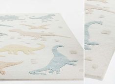 two pictures of rugs with dinosaurs on them