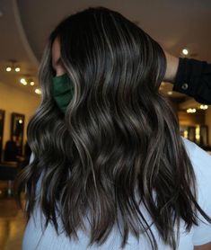 Ash Brown Highlights Dark Hair, Black Hair With Brown Dimension, Dark Brown Hair Base With Highlights, Dark Hair With Few Blonde Highlights, Dark Hair Cool Tone Highlights, Highlight Peekaboo Hair, Black With Babylights, Ash Light Brown Highlights, Black With Ash Highlights