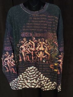 Temple Transmutations Mens Long Sleeve Shirt, hand silkscreened, cotton, fronm the original oil painting by Mark Henson.  Inspiration for this work comes from the beautiful Tantric Temples of Khajuraho and Konarak in India. Mark wanted to do a study of this sacred style of sculpture. He was contemplating what makes something natural and when it becomes unnatural. Civil Regime Clothing, Long Sleeve Graphic Print Festival T-shirt, Long Sleeve Graphic Print T-shirt For Festivals, Sinful Clothing, Painted Shirt, Fire Clothes, Apparel Design Inspiration, Mens Long Sleeve Shirt, Alt Clothes