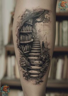 a woman's leg with a book shelf tattoo on it