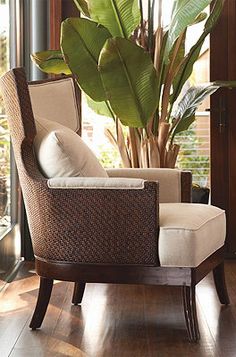 a chair sitting in front of a potted plant on top of a hard wood floor